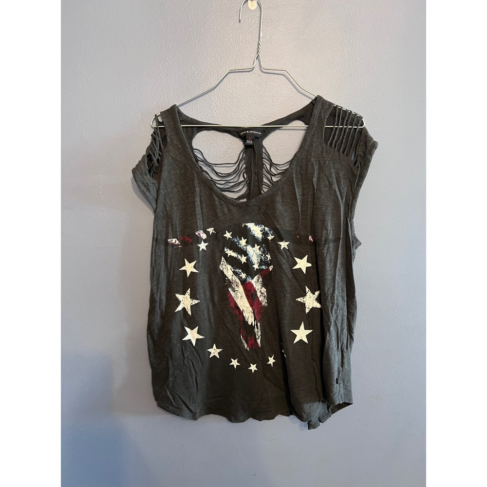 Rock & Republic Distressed‎ Long Horn Skull American Flag Tee SZ XL Country Rock